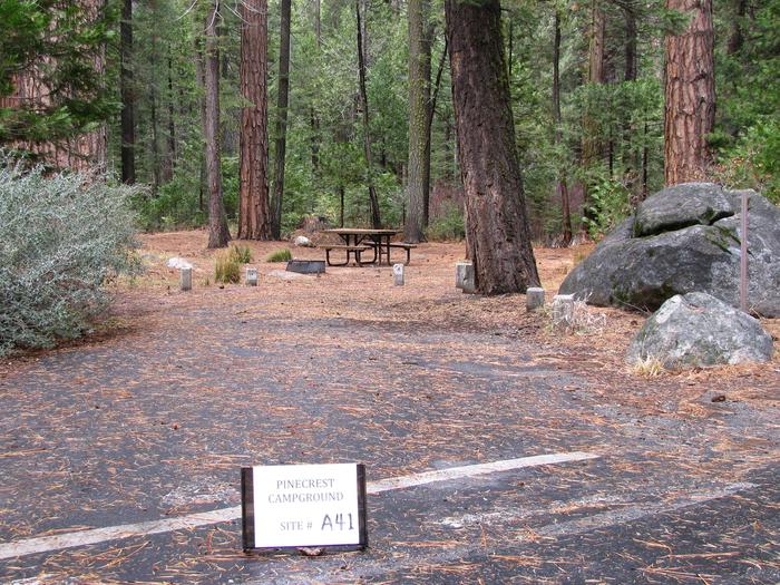Paves site with picnic table and fire ringPinecrest Campground Site A41