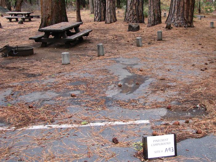 Paved site with picnic table and fire rindPinecrest Campground Site A43