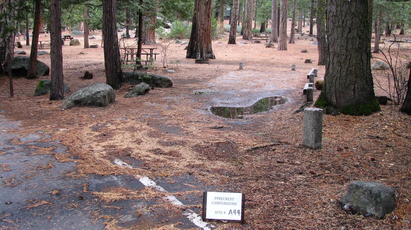 Paved site with picnic table and fire ringPinecrest Campground Site A44