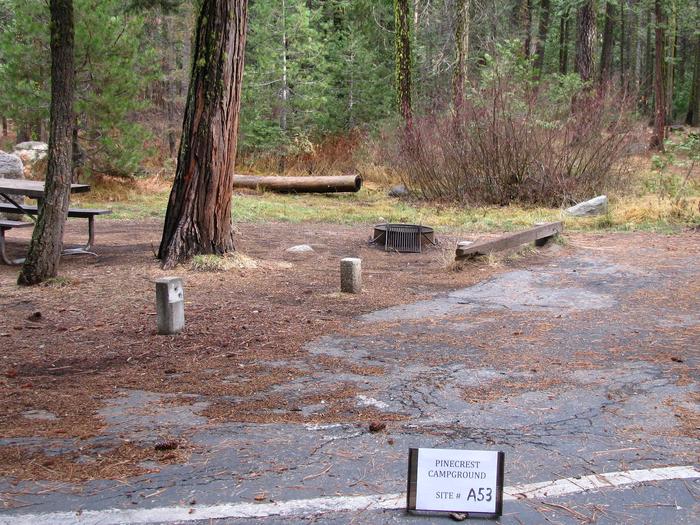 Paved site with picnic table and fire ringPinecrest Campground Site A53