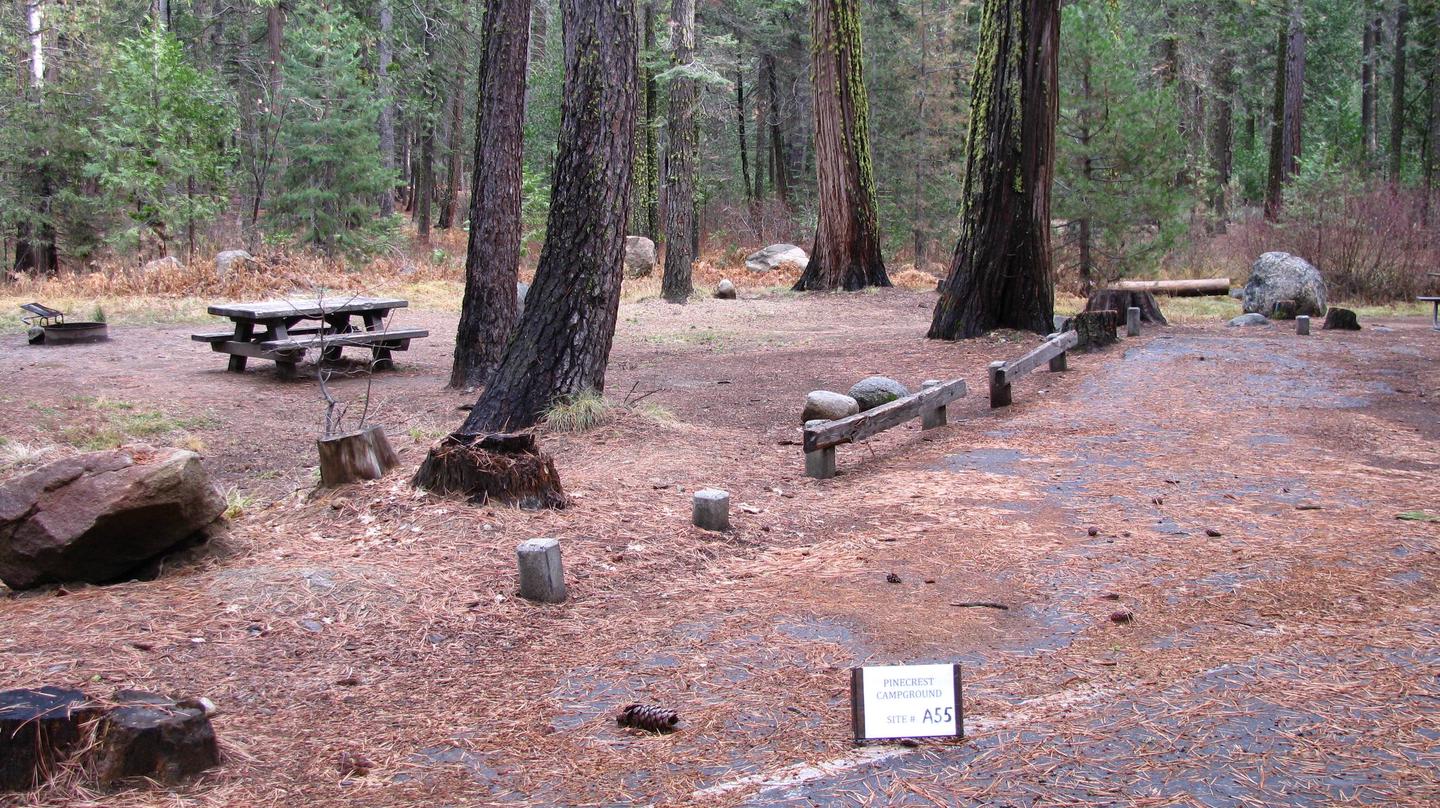Paved site with picnic table and fire ringPinecrest Campground Site A55