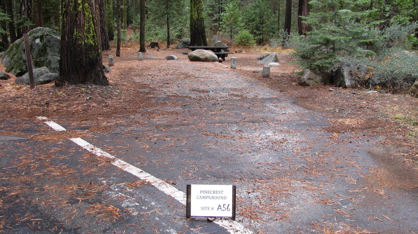 Paved site with picnic table and fire ringPinecrest Campground Site A56