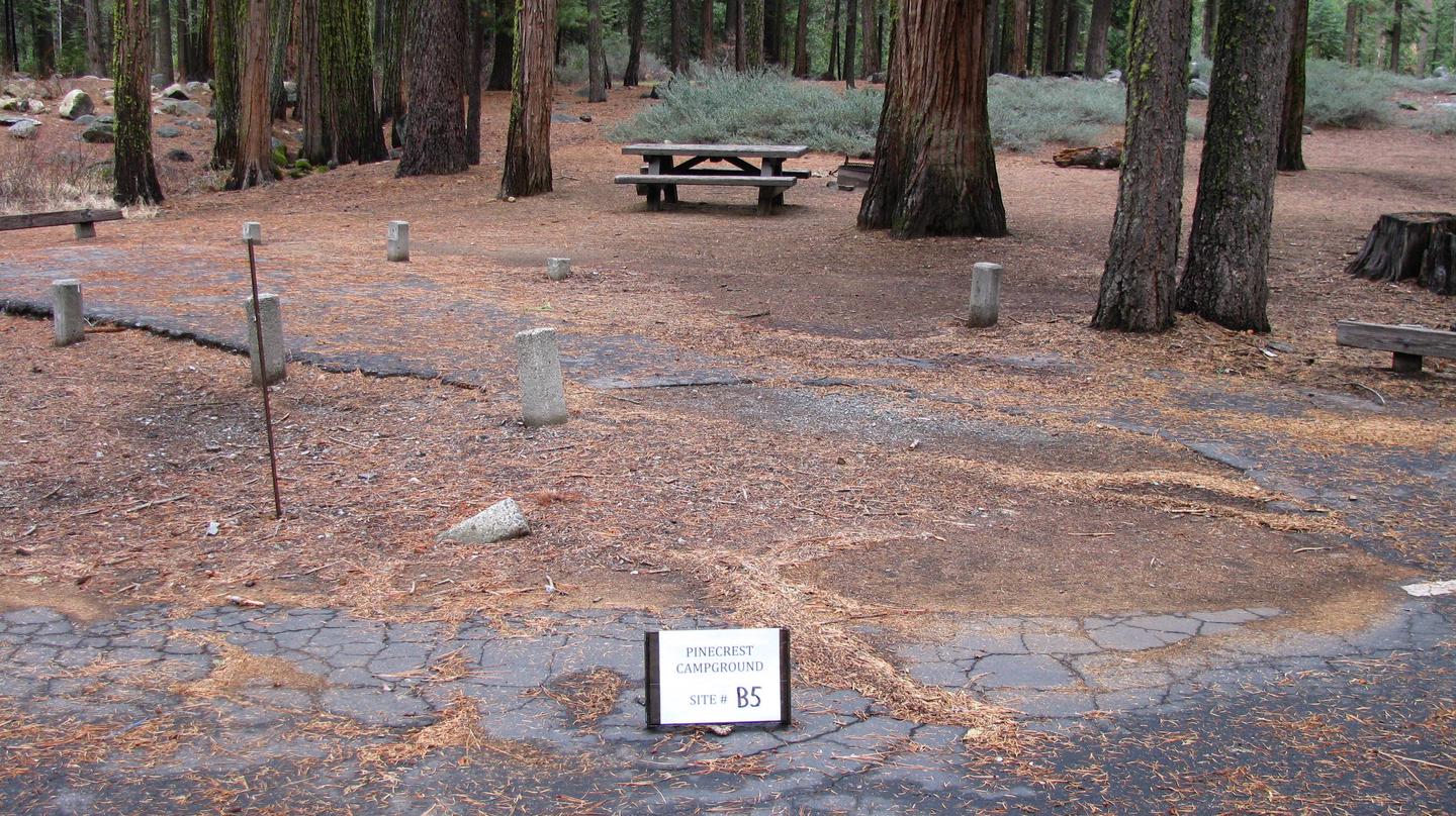 Paved site with picnic table and fire ringPinecrest Campground Site B5