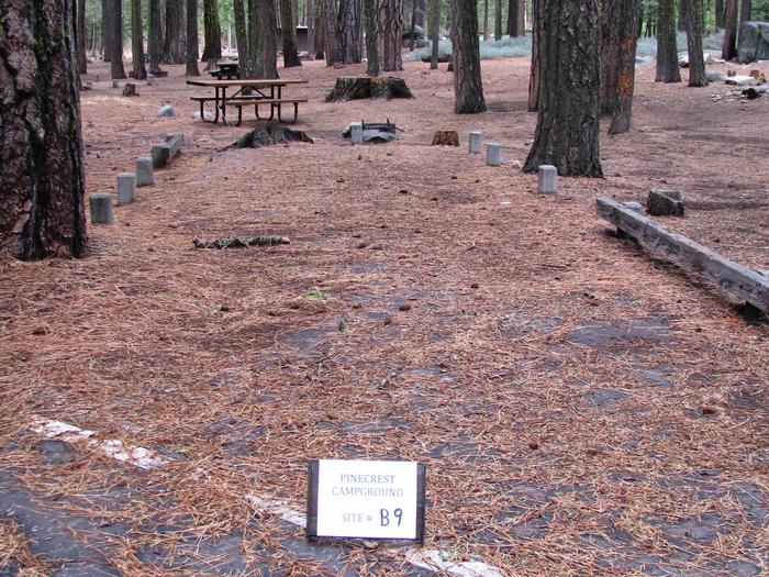 Paved site with picnic table and fire ringPinecrest Campground Site B9