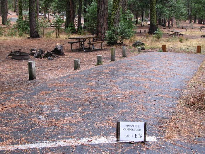 Paved site with picnic table and fire ringPinecrest Campground Site B16
