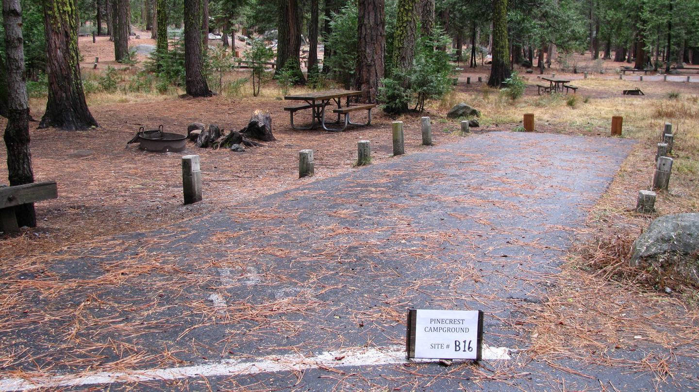 Paved site with picnic table and fire ringPinecrest Campground Site B16
