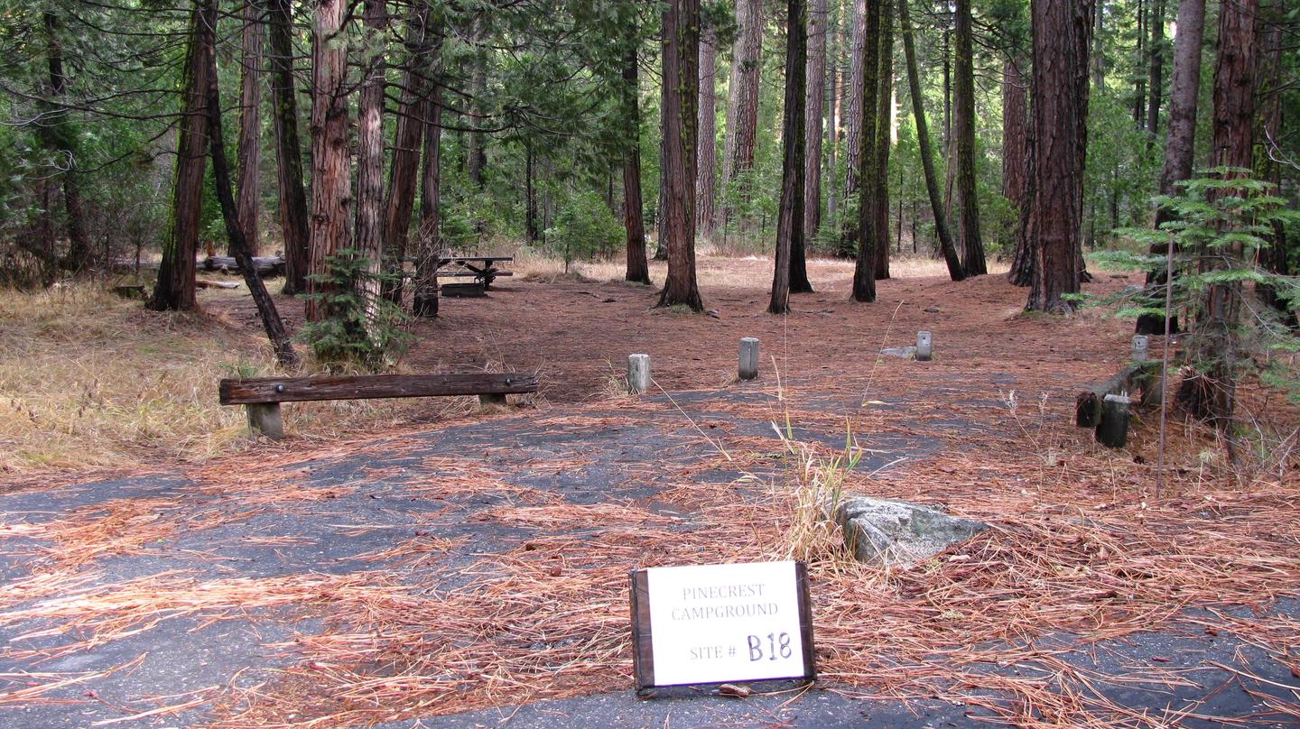 Paved site with picnic table and fire ringPinecrest Campground Site B18
