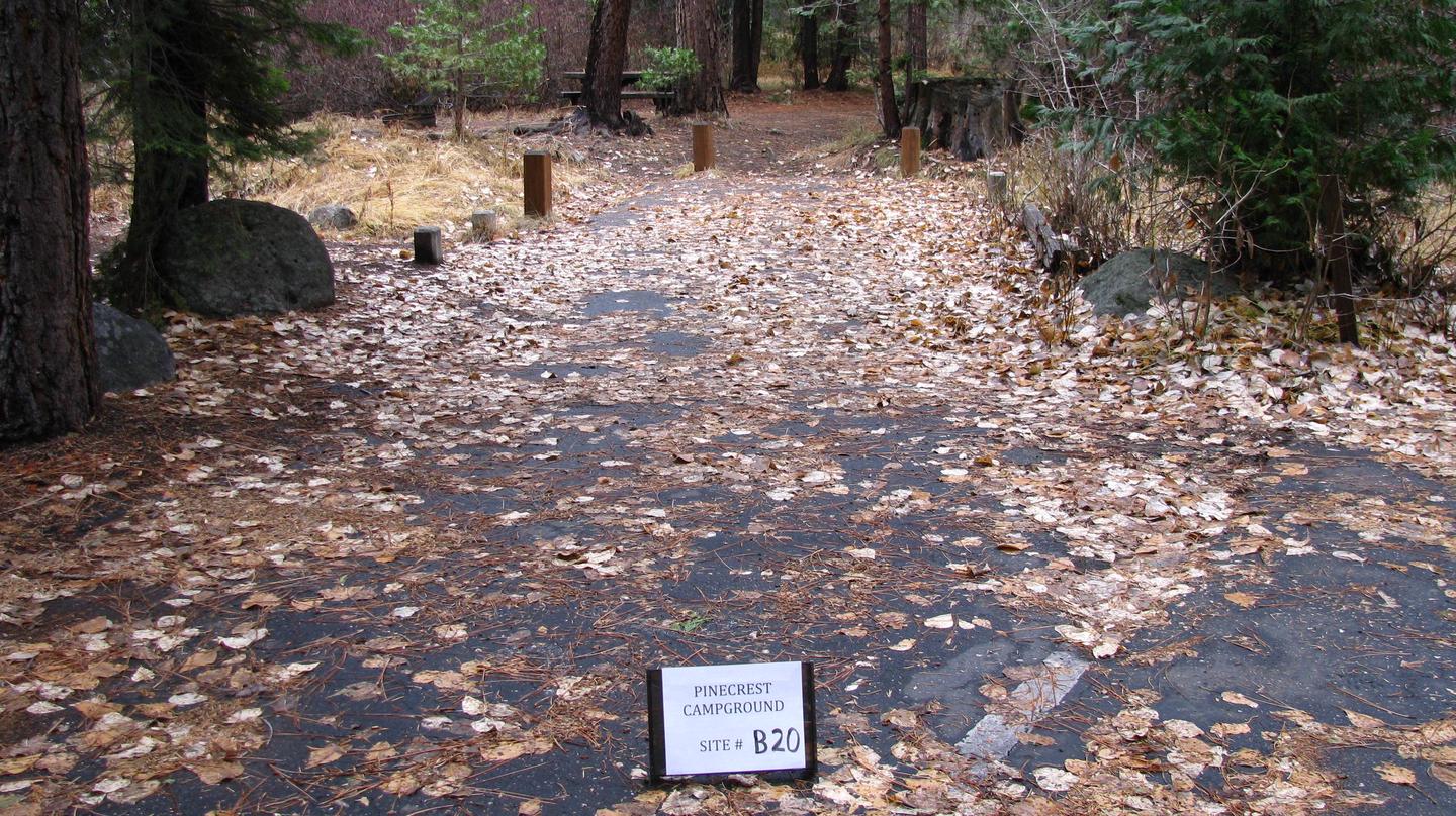 Paved site with picnic table and fire ringPinecrest Campground Site B20