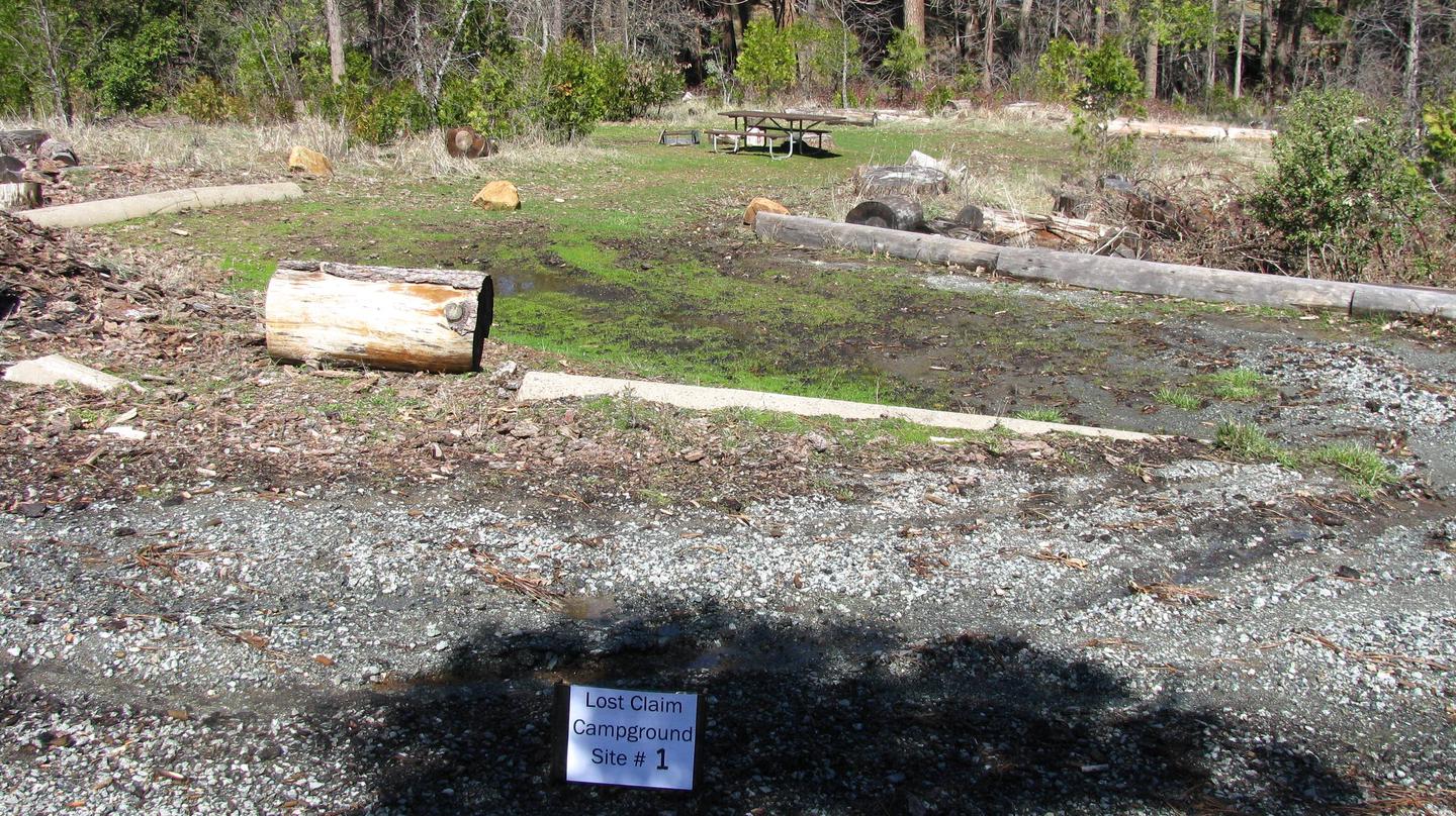 Native surface site with picnic table, fire ring and bear-proof food storage boxLost Claim Campground Site #1
