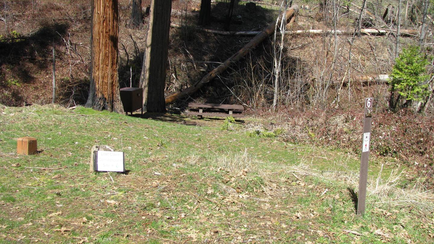 Native surface site with picnic table, fire ring and bear-proof food storage boxLost Claim Campground Site #6