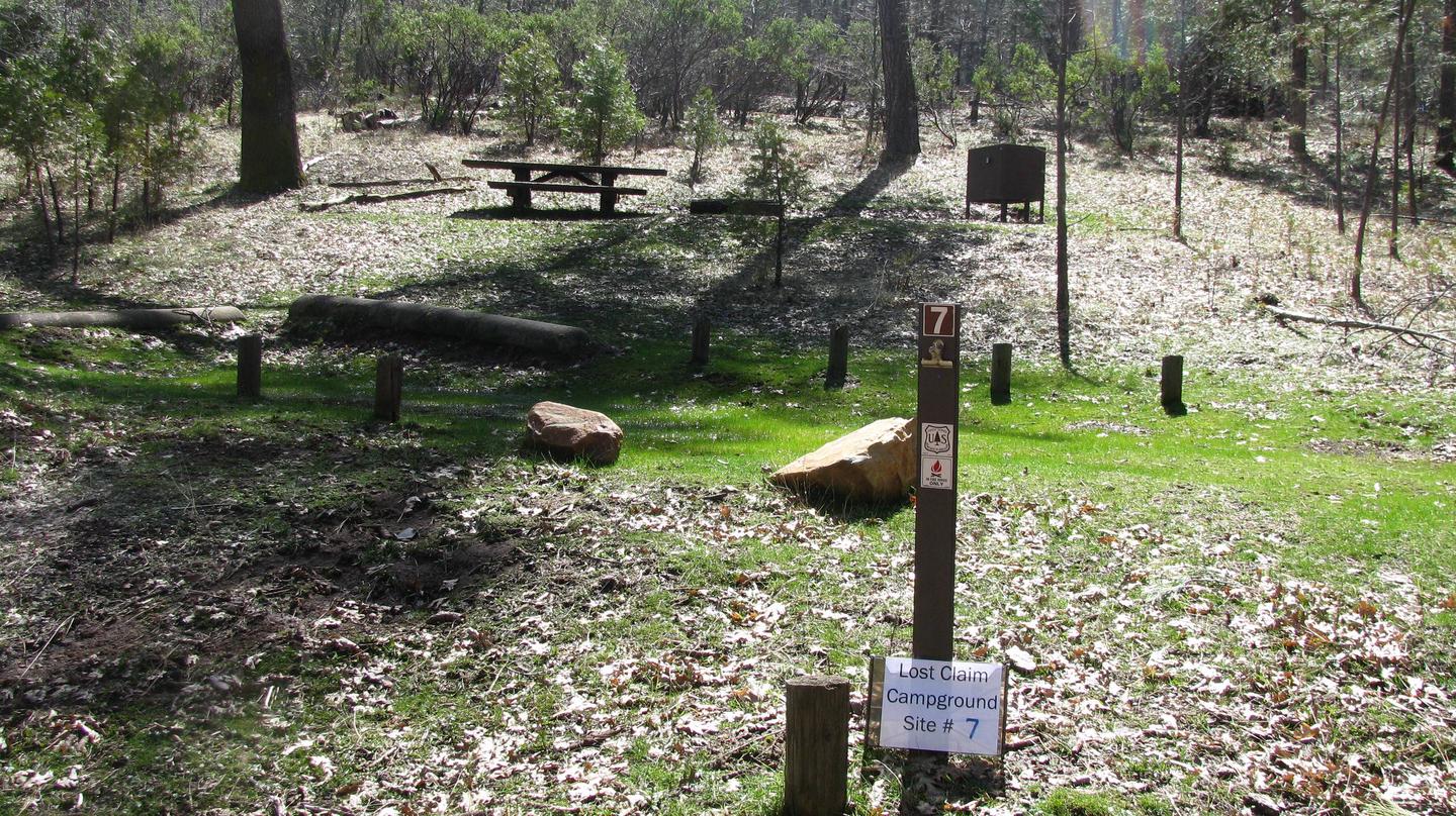 Native surface site with picnic table, fire ring and bear-proof food storage boxLost Claim Campground Site #7