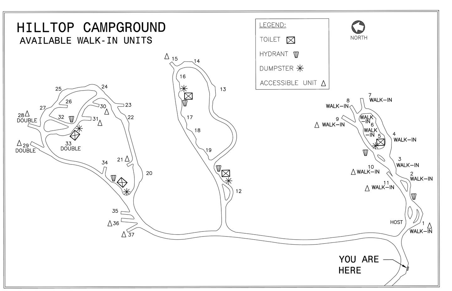 Hilltop Campground map showing accessible sites,walk-in units, dumpsters, toilets and hydrant locations.Hilltop Campground Walk-in and accessible unit map