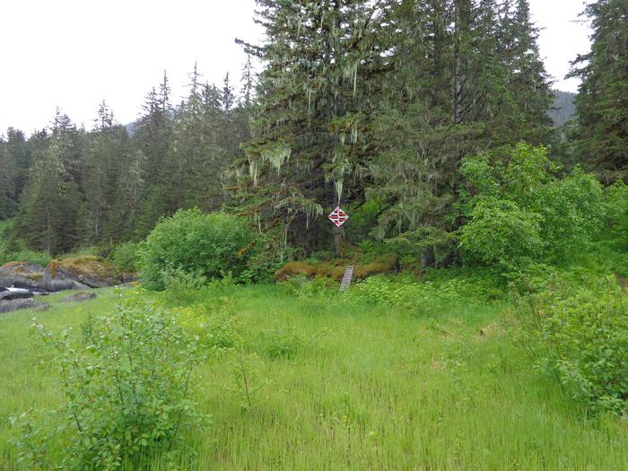 view of trail head marker at ocean (about 3/4 mile from cabin)