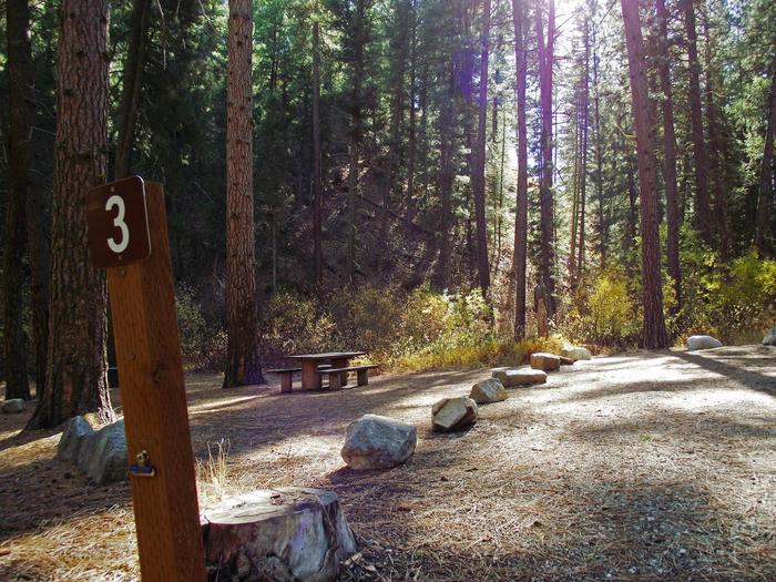 Trees are all around you and there are picnic table, firepit and BBQ stand, and tent pads in sites with large parking area.Dog Creek Campground Site #3