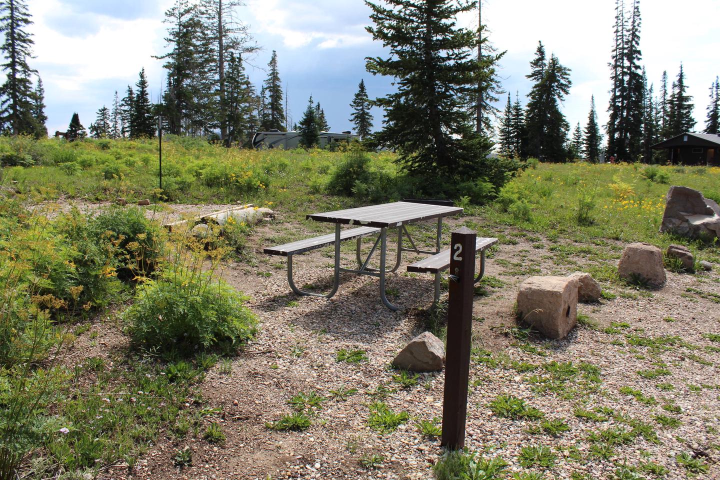 Site 2: View of tent pad, table and parking area.