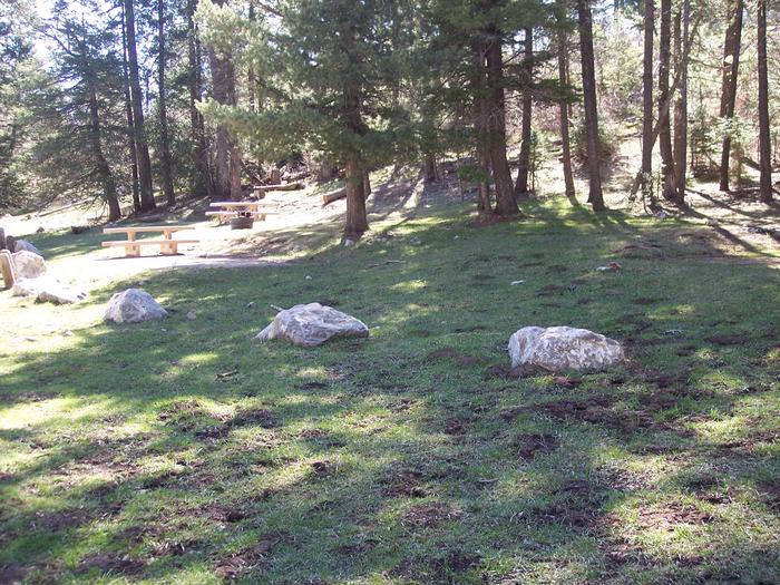 Shaded and grassy picnic area at the Slide Group Campground