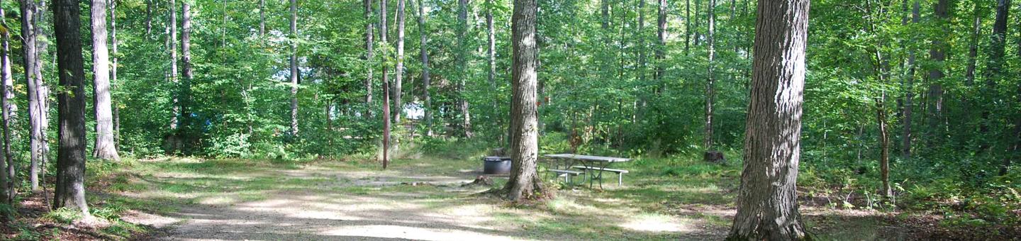 AuTrain Lake Campground site #02 full site view with table, fire pit, and picnic table. 