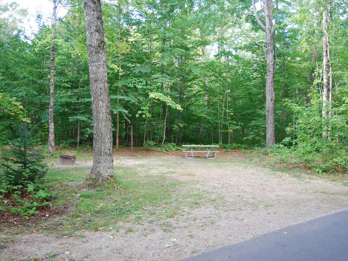 AuTrain Lake Campground site #03 full site view with table, fire pit, and picnic table. 