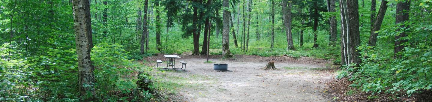AuTrain Lake Campground site #08 full site view with table, fire pit, and picnic table. 