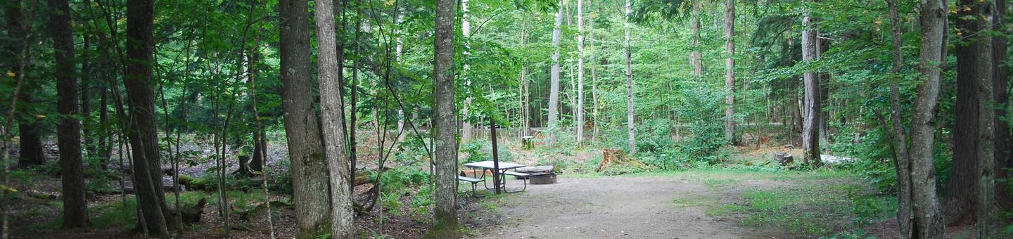 AuTrain Lake Campground site #34 full site view with fire pit and picnic table. 