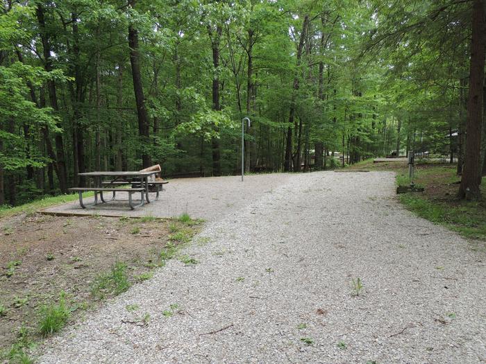 Gravel parking spot next to tent pad with picnic table and lantern hook. The site is surrounded by green trees.Site 8