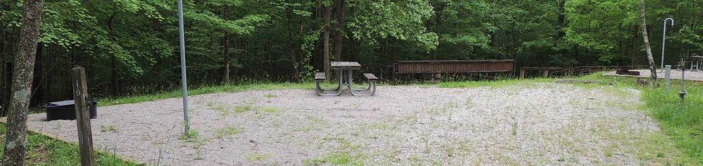 Picnic table sits on gravel tent pad surrounded by green trees.Site 19
