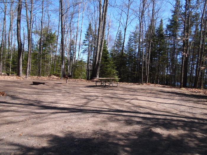 Two Lakes Campground site #32 with picnic table and fire pit view among the trees.