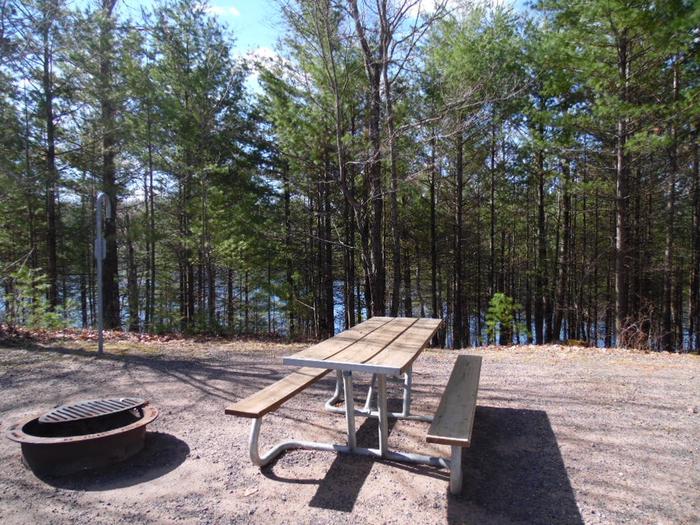 Two Lakes Campground site #64 with picnic table and fire pit view among the trees.