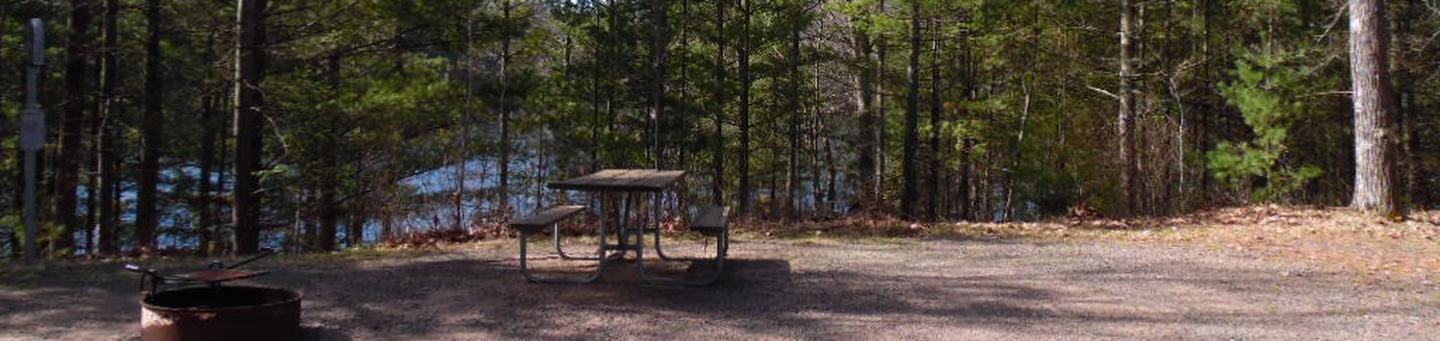 Two Lakes Campground site #65 with picnic table and fire pit view among the trees.