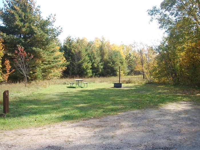 Bay Furnace Campground site #05; heavily treed site with picnic table and fire pit. 