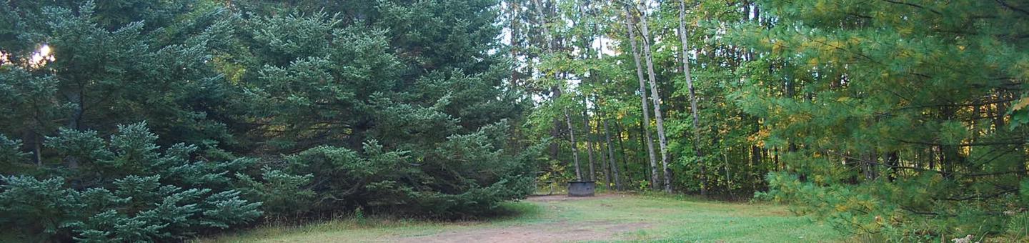 Bay Furnace Campground site #27; heavily treed site with picnic table and fire pit. 