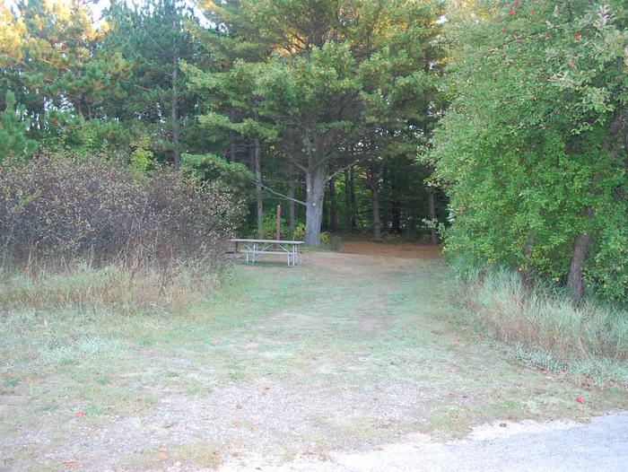 Bay Furnace Campground site #28; heavily treed site with picnic table and fire pit. 