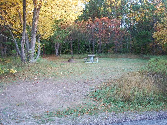 Bay Furnace Campground site #30; heavily treed site with picnic table and fire pit. 