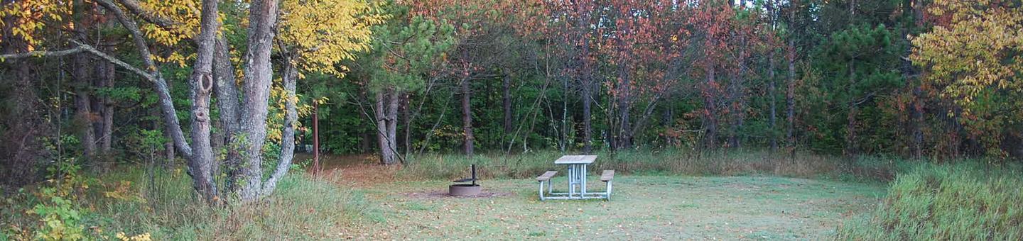 Bay Furnace Campground site #30; heavily treed site with picnic table and fire pit. 