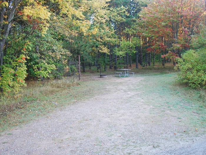 Bay Furnace Campground site #32; heavily treed site with picnic table and fire pit. 