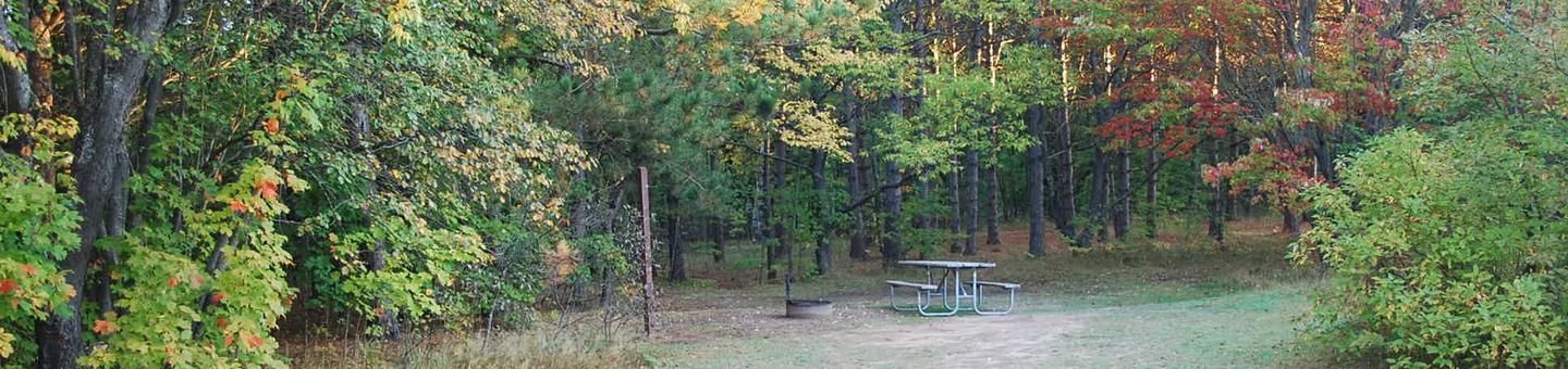Bay Furnace Campground site #32; heavily treed site with picnic table and fire pit. 