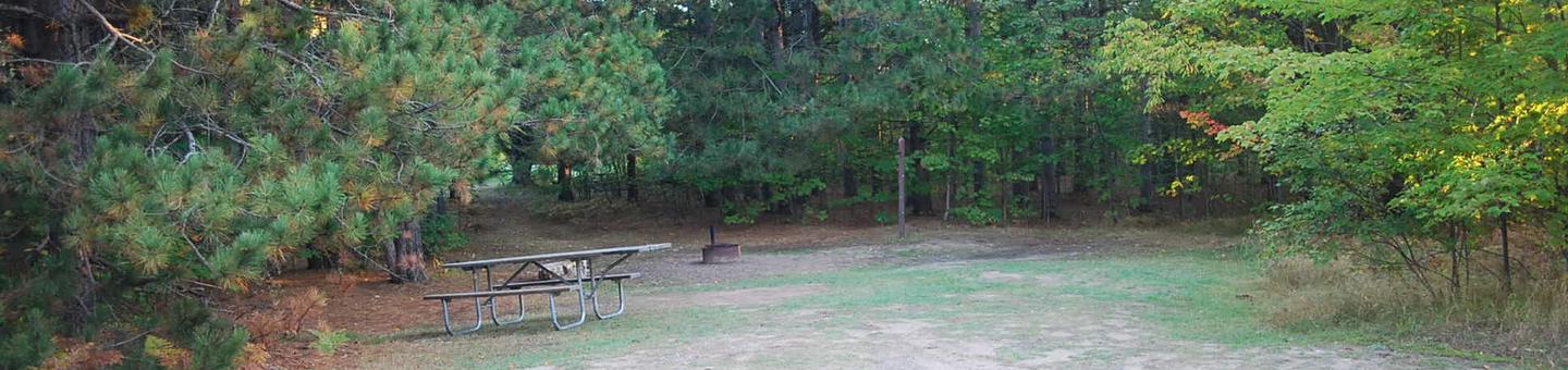Bay Furnace Campground site #34; heavily treed site with picnic table and fire pit. 