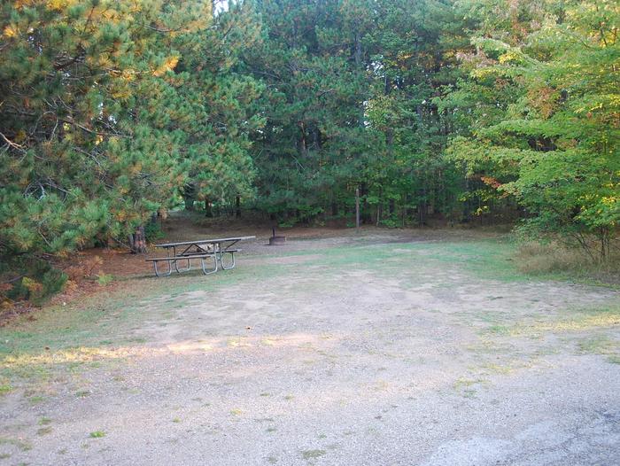 Bay Furnace Campground site #34; heavily treed site with picnic table and fire pit. 