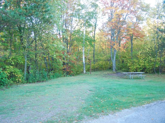 Bay Furnace Campground site #47; heavily treed site with picnic table and fire pit. 