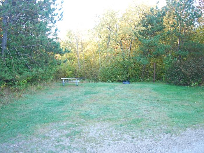 Bay Furnace Campground site #48; heavily treed site with picnic table and fire pit. 