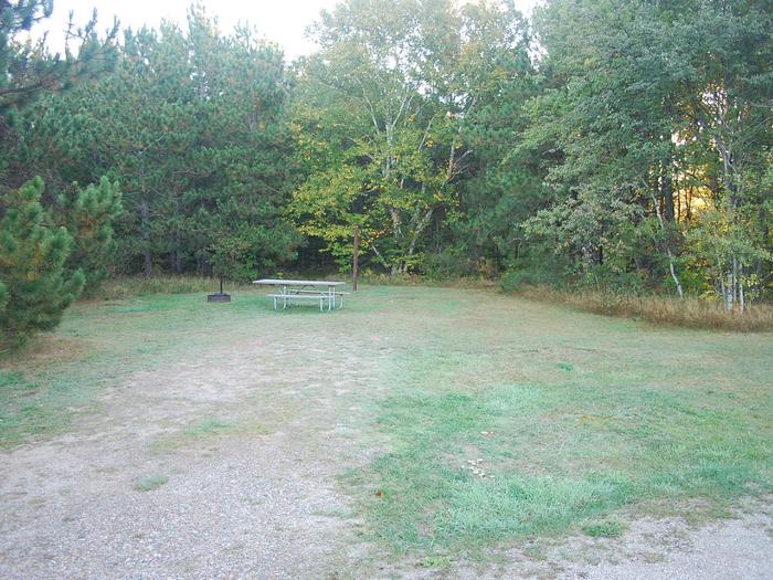 Bay Furnace Campground site #50; heavily treed site with picnic table and fire pit. 