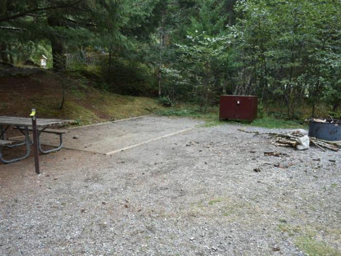 Picnic table, fire ring and tent pad at Gorge Lake Campground site 8.Site 8 at Gorge Lake Campground