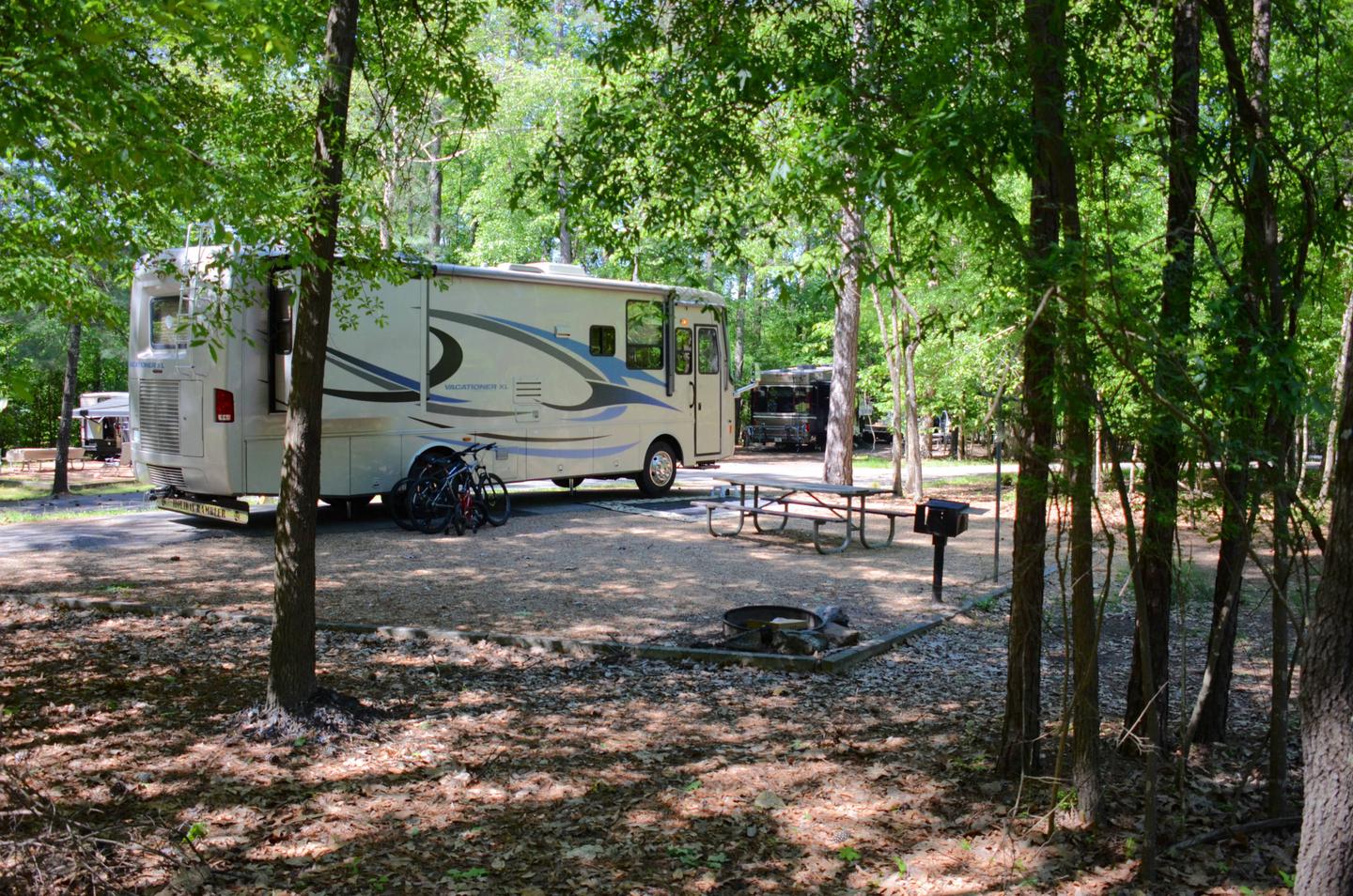 Campsite view, amenities, awning-side clearance.McKinney Campground, campsite 74.