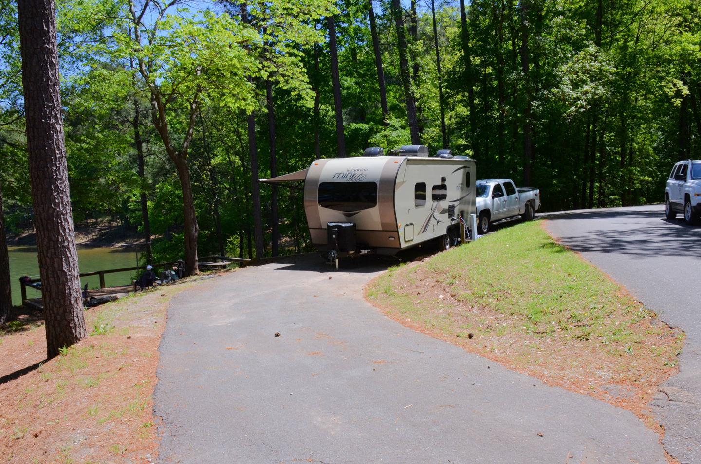 Pull-thru exit, driveway slope, utilities-side clearance, awning-side clearance.McKinney Campground, campsite 86.