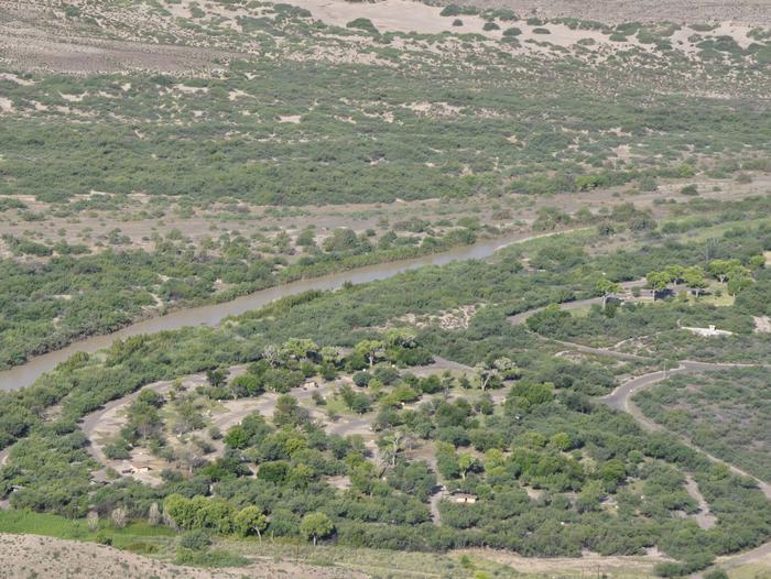 Aerial view of Rio Grande Village Campground, with Rio Grande visible just to the southAerial view of Rio Grande Village. Group campground is rightmost open areas visible.