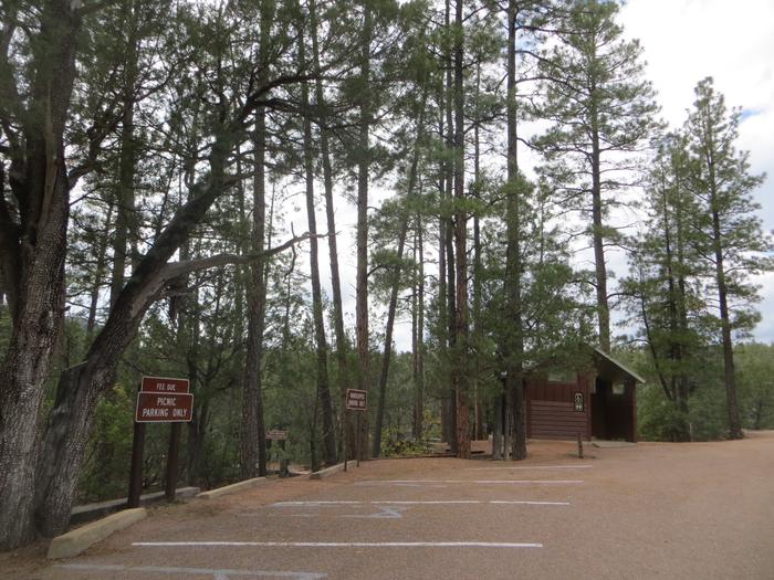 Christopher Creek Campground picnic area with restroom building. 