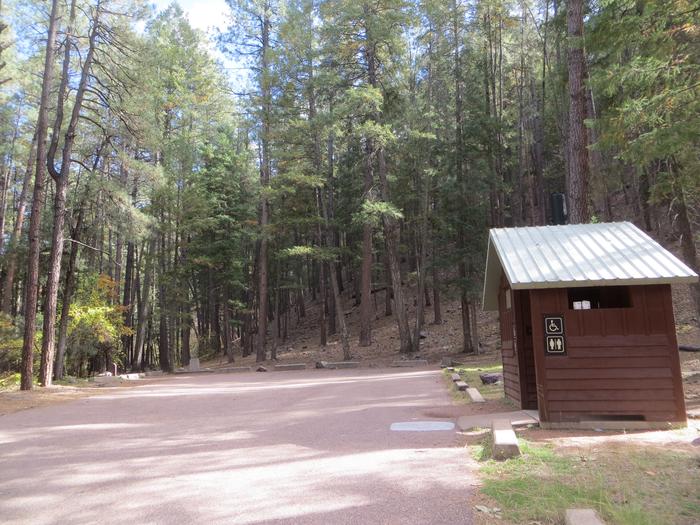 Christopher Creek Campground group site parking and restroom.
