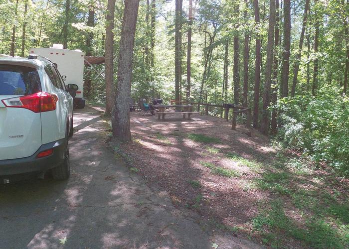 Pull-thru driveway slope, awning-side clearance.Sweetwater Campground, campsite 19.