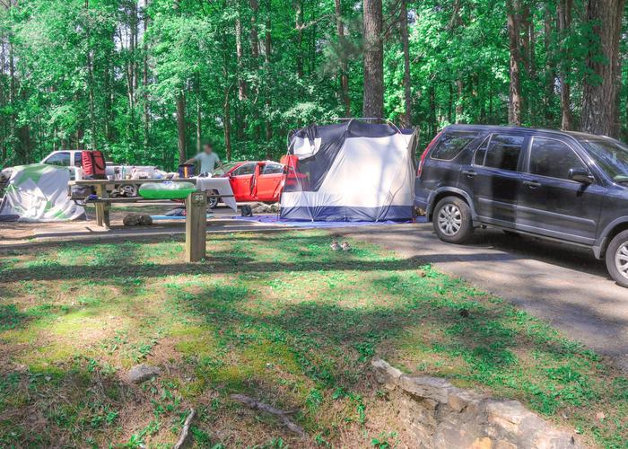 Pull-thru exit, driveway slope, awning-side clearance.McKaskey Creek Campground, campsite 23.