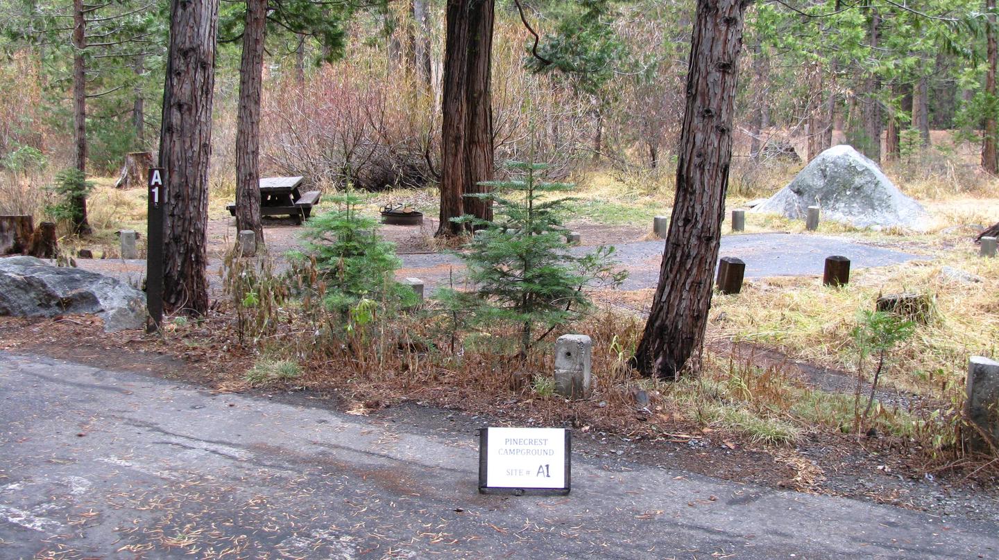 Paved site with picnic table and fire ringPinecrest Campground Site A1